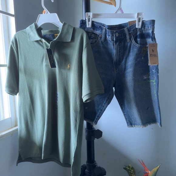 NWT POLO RALPH LAUREN BIG BOYS 14-16 LOT POLO SHIRT + jean SHORTS YOUTH - Picture 1 of 8